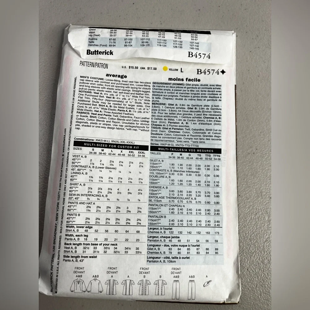 Butterick B4574 Men's Renaissance Costume Pattern - cut - Picture 3 of 4